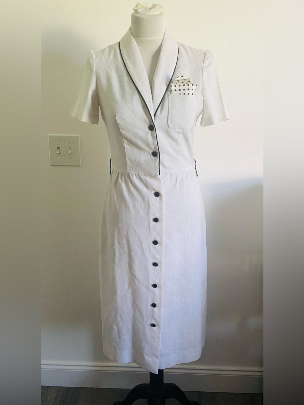 Connections Vintage Midi Shirt Dress S White Linen Secretary Office Union Made